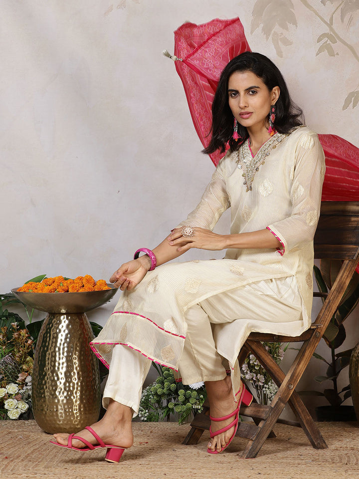 Banarasi Weave Tissue Kurta With Pants &amp; Dupatta