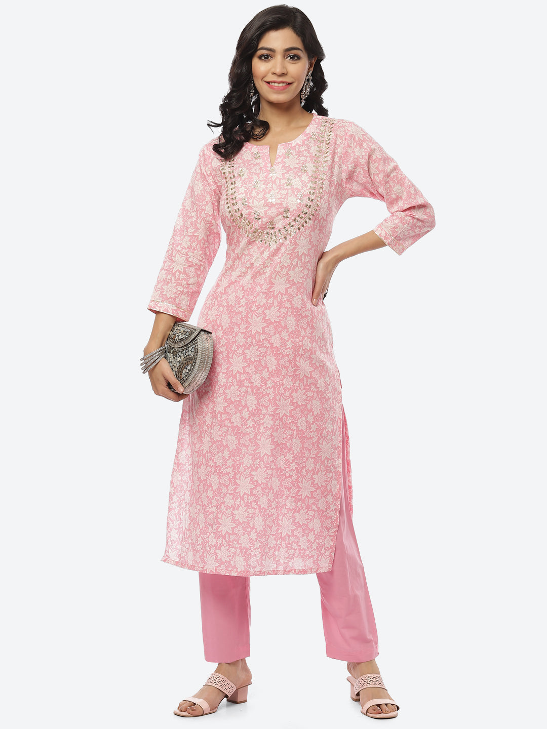 Printed Gota Neck Cotton With Pant