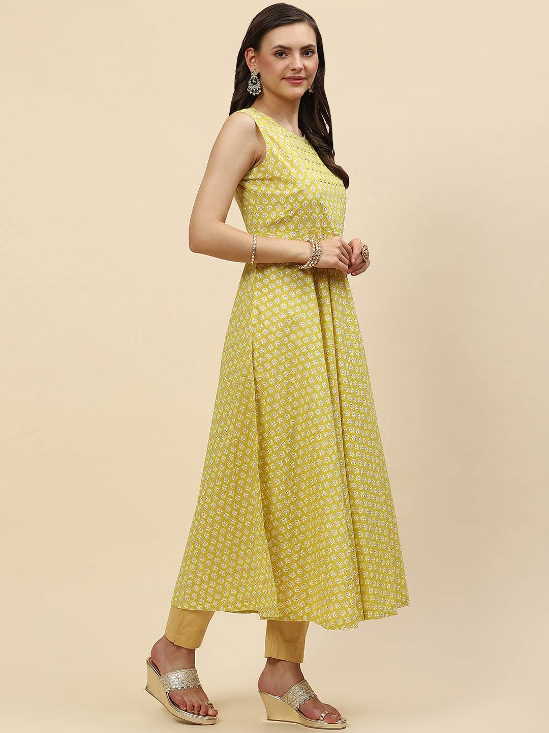 Floral Printed Cotton Anarkali Kurta With Jacket