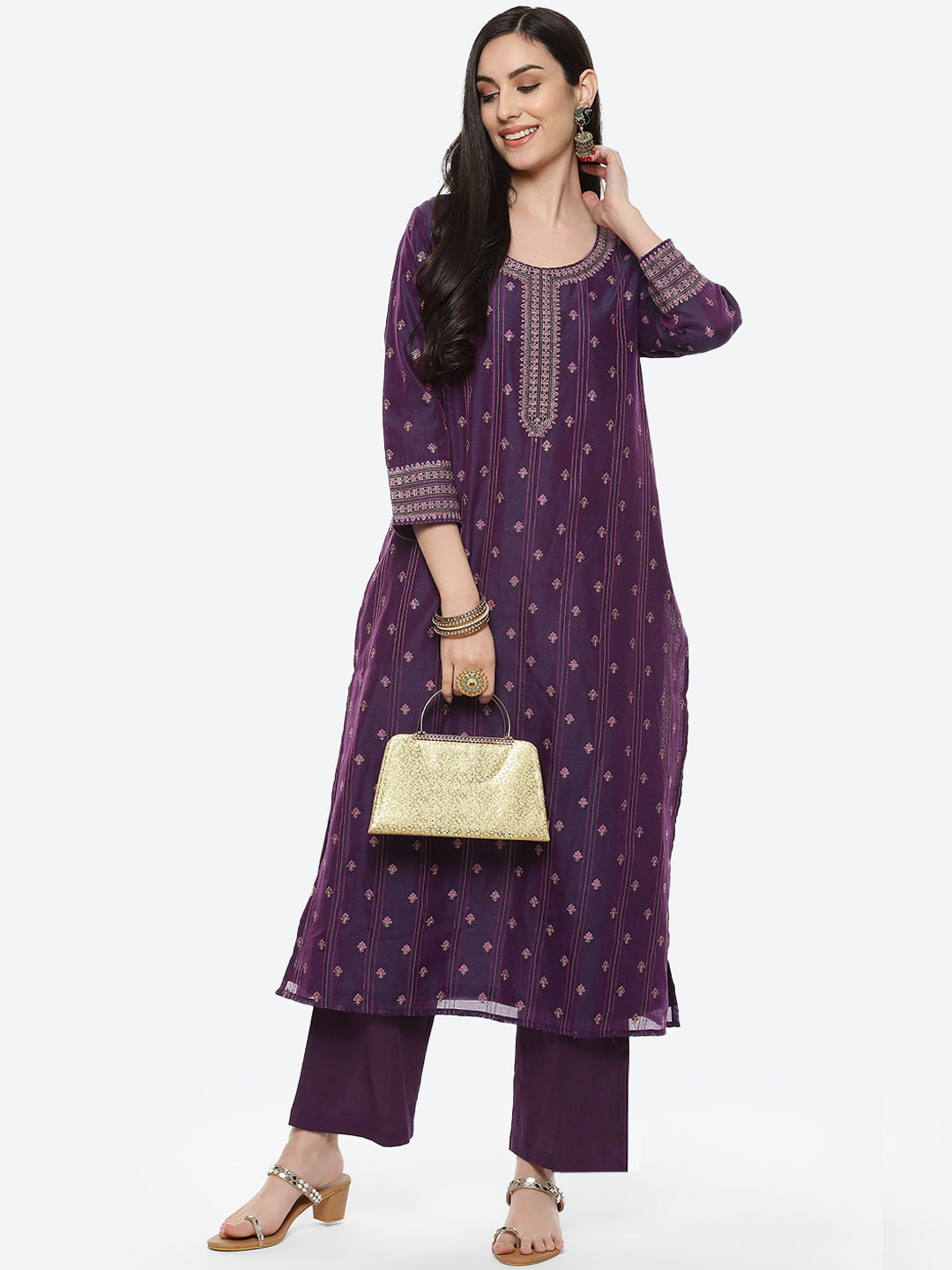 Embroidered Zari Neck Chanderi Kurti With Pant