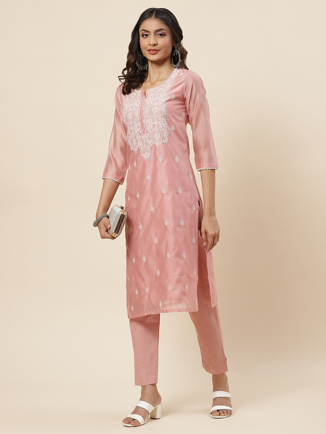 Embroidered Chanderi Kurta With Pants