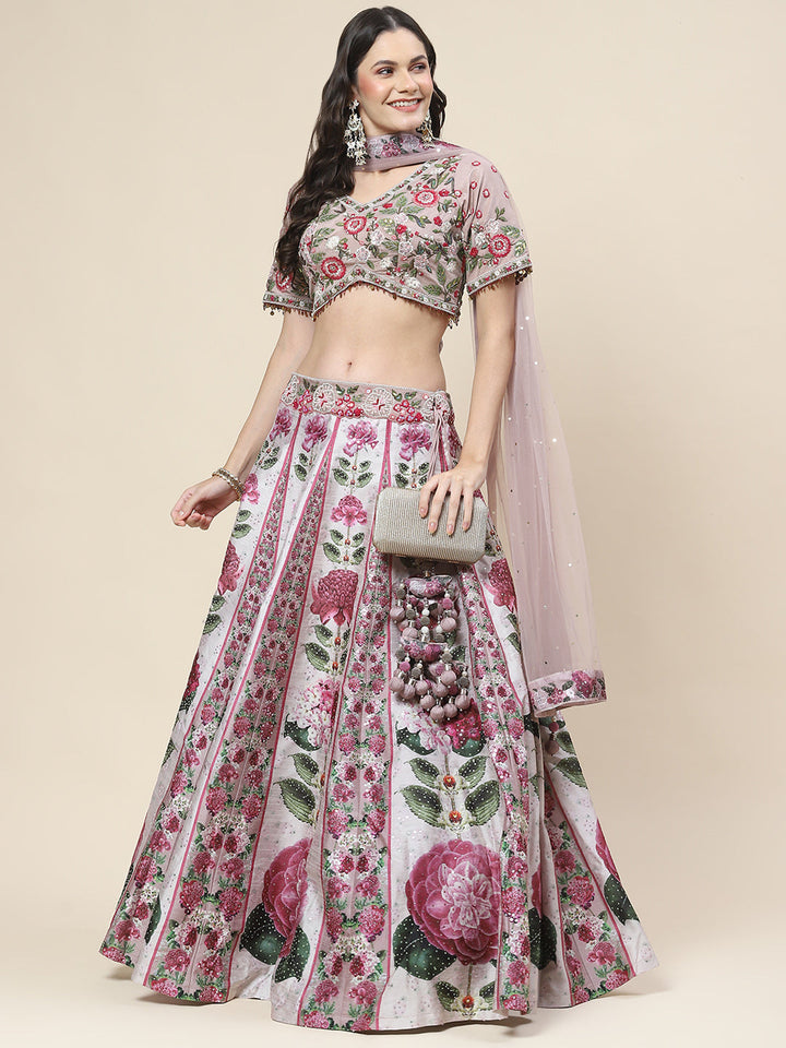 Floral Printed Handloom Choli With Lehenga &amp; Dupatta