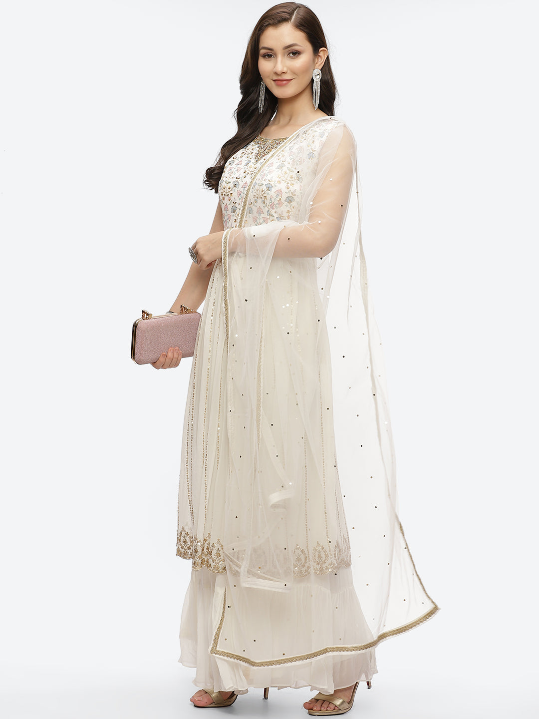 Zari Embroidered Georgette Kurta With Palazzo &amp; Dupatta