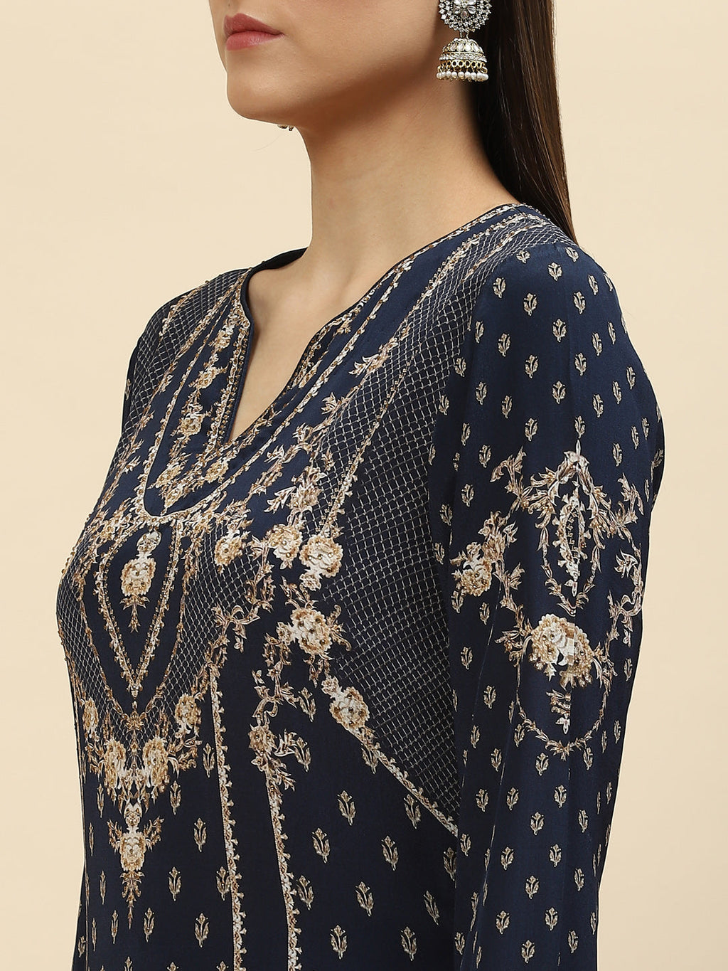Digital Printed Crepe Kurta With Palazzo & Net Dupatta