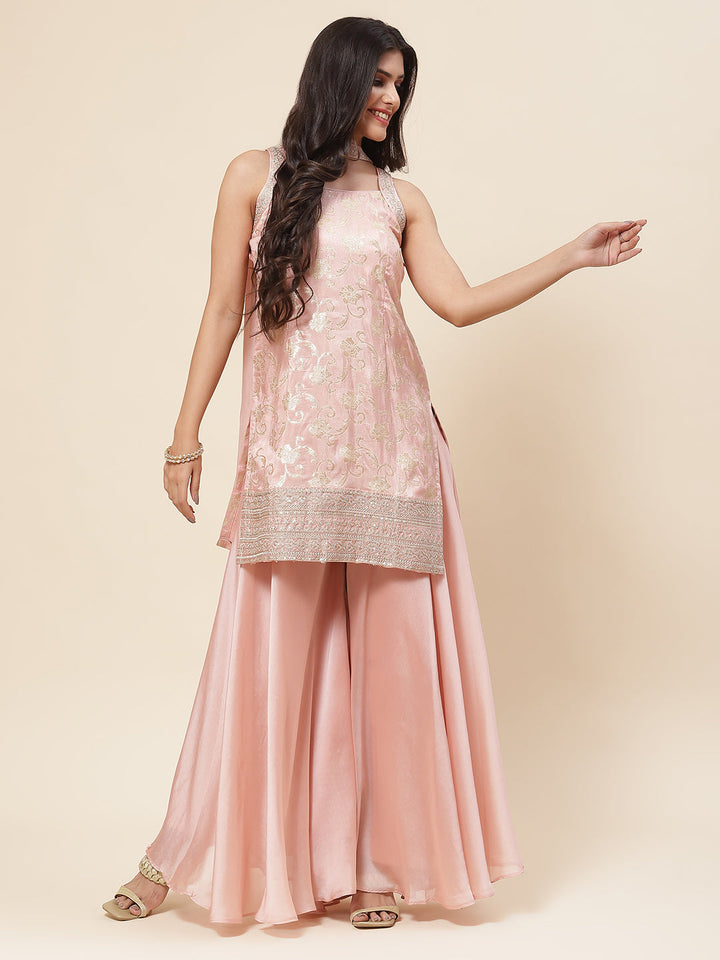 Floral Woven Georgette Kurta With Sharara &amp; Dupatta