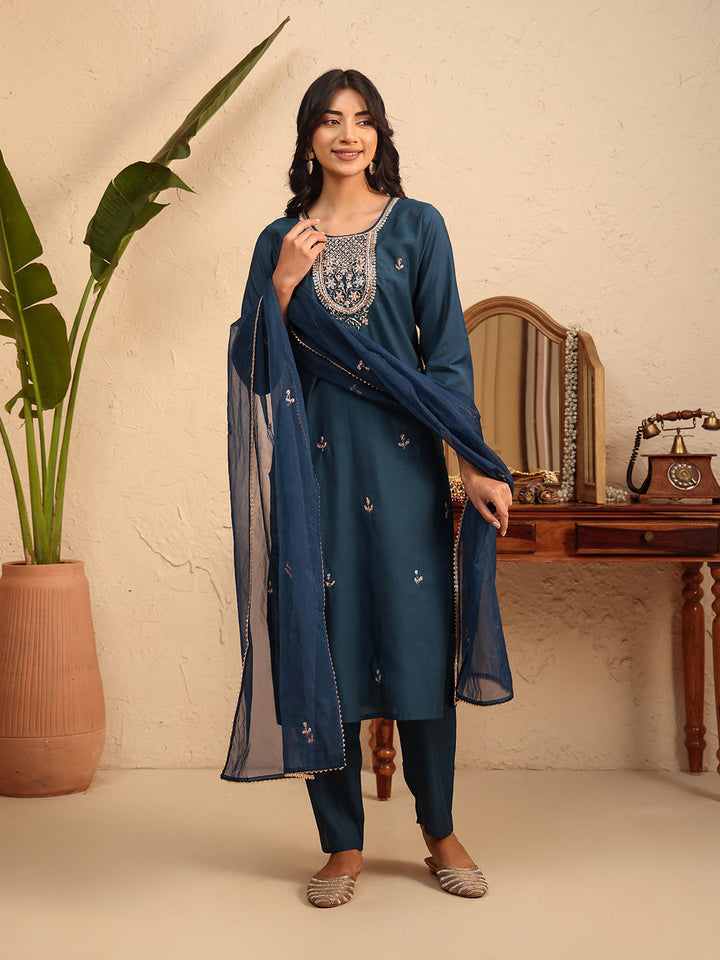 Embroidered Cotton Kurta With Pant &amp; Dupatta