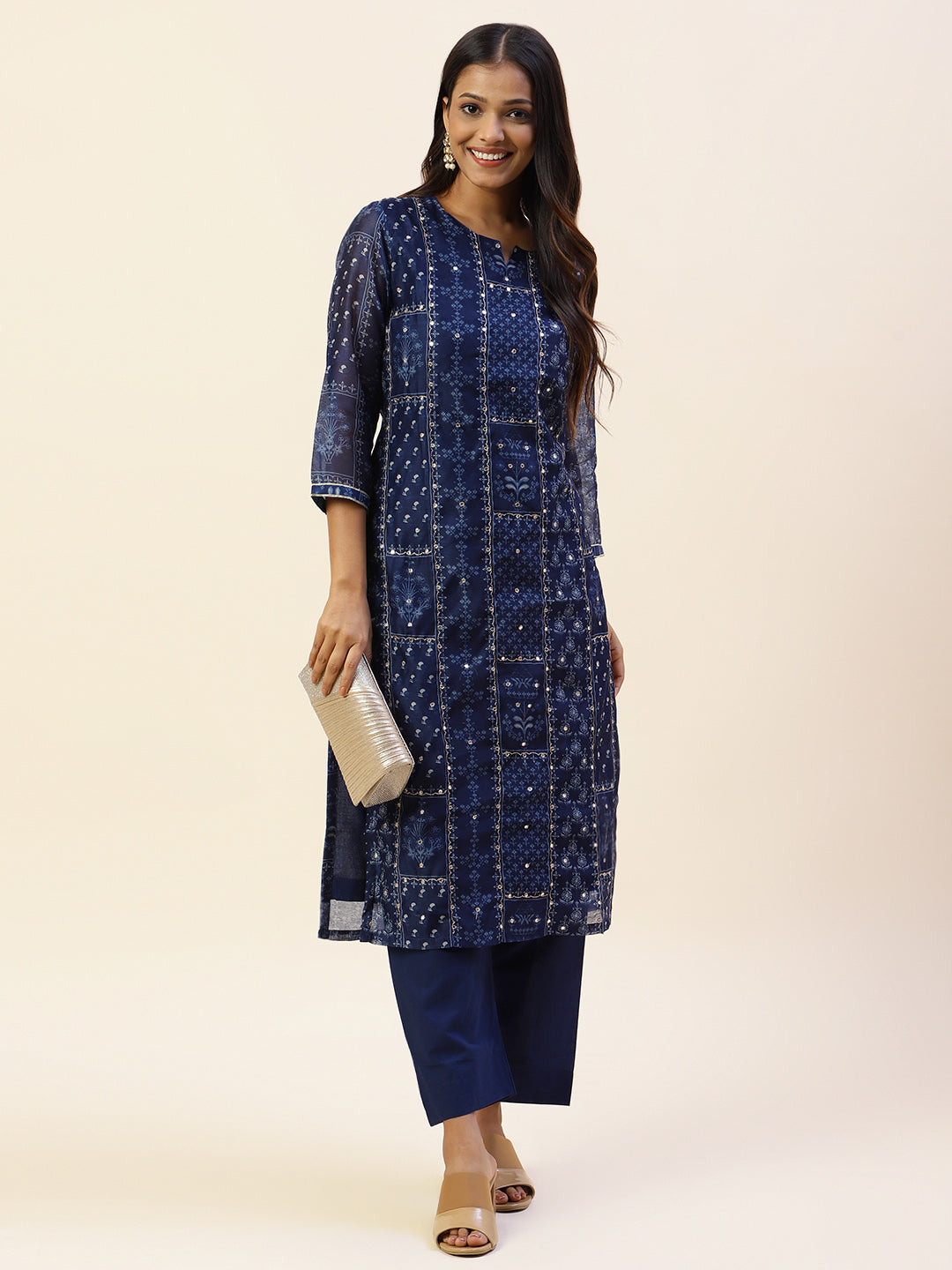 Printed Chanderi Kurta With Pants