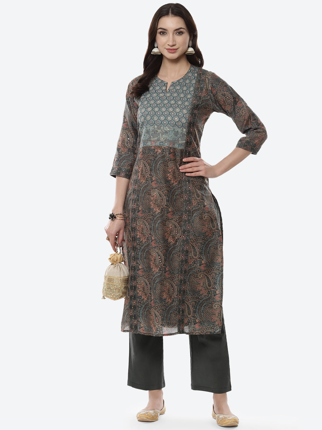 Printed Booti Chanderi Kurti With Pant