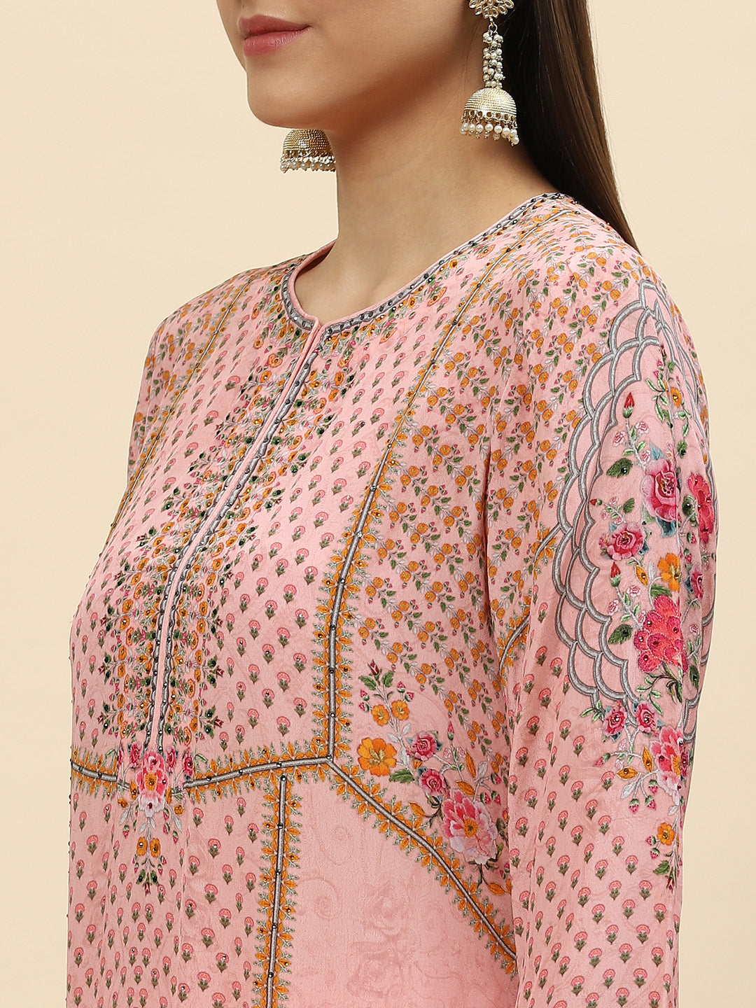 Floral Digital Printed Crepe Kurta With Sharara &amp; Net Dupatta