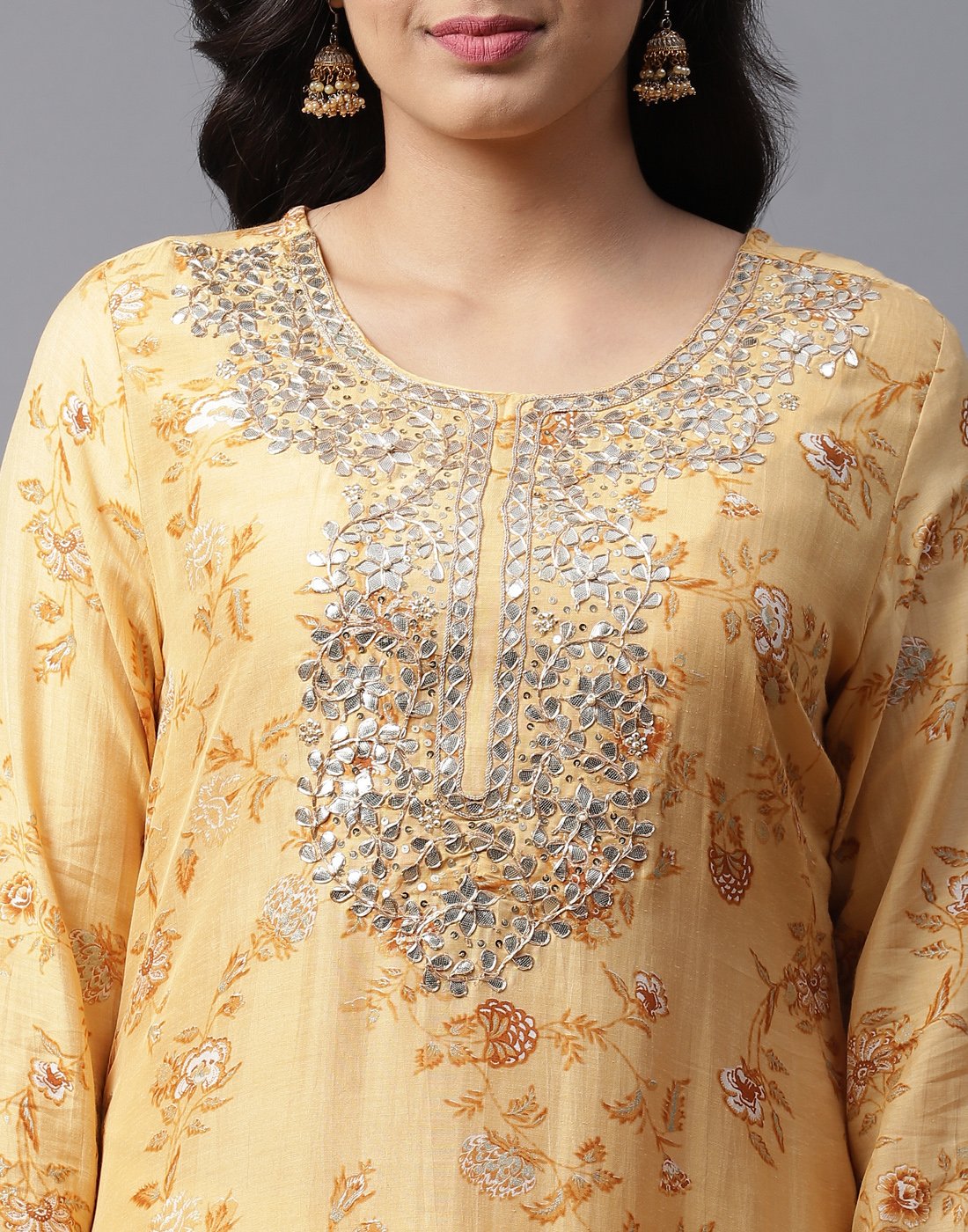 Printed Kurti Pant Set with Gota Yoke Embroidery