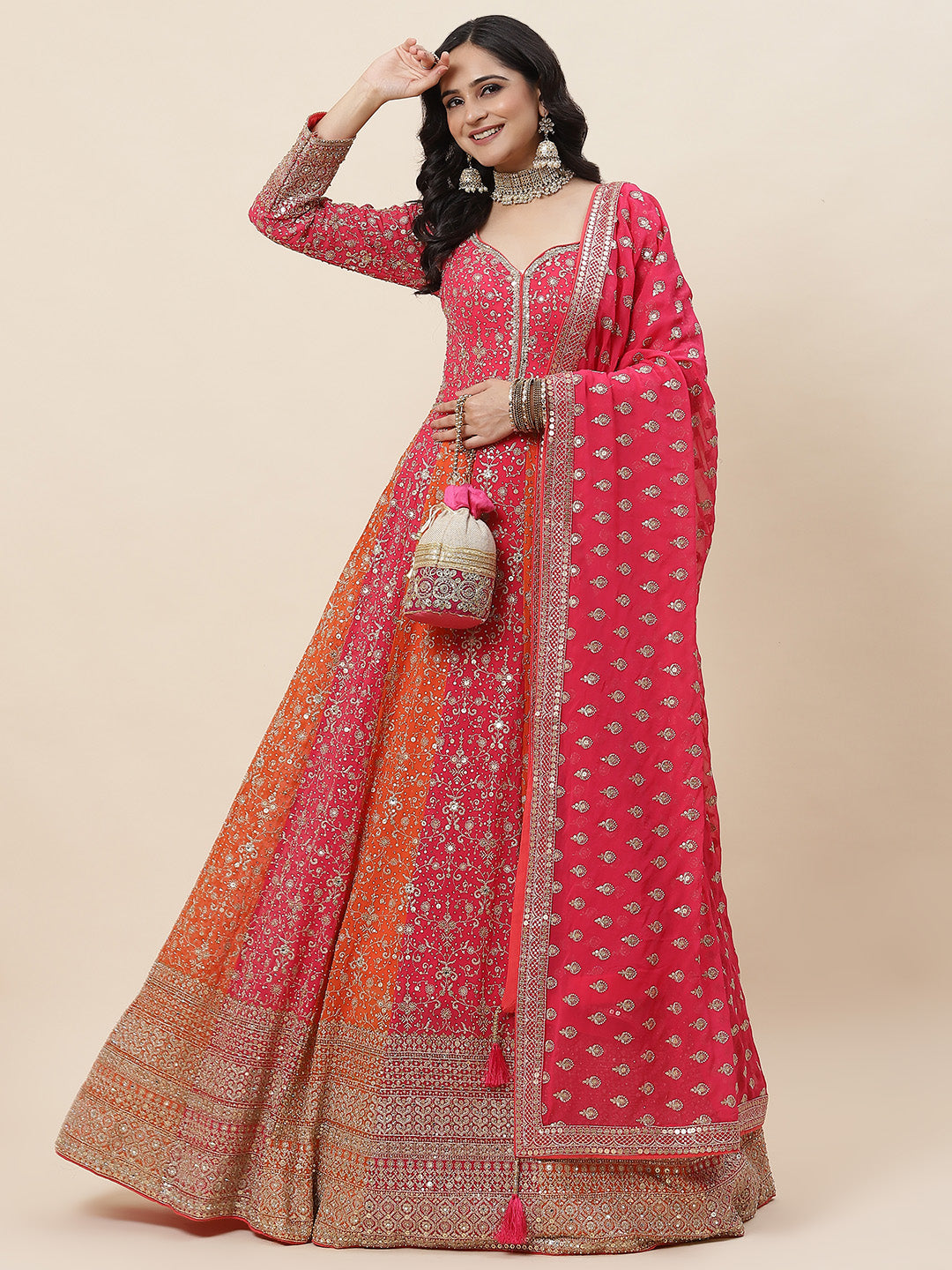 Sequin Embroidered Georgette Kurta With Pants &amp; Dupatta - meena bazaar