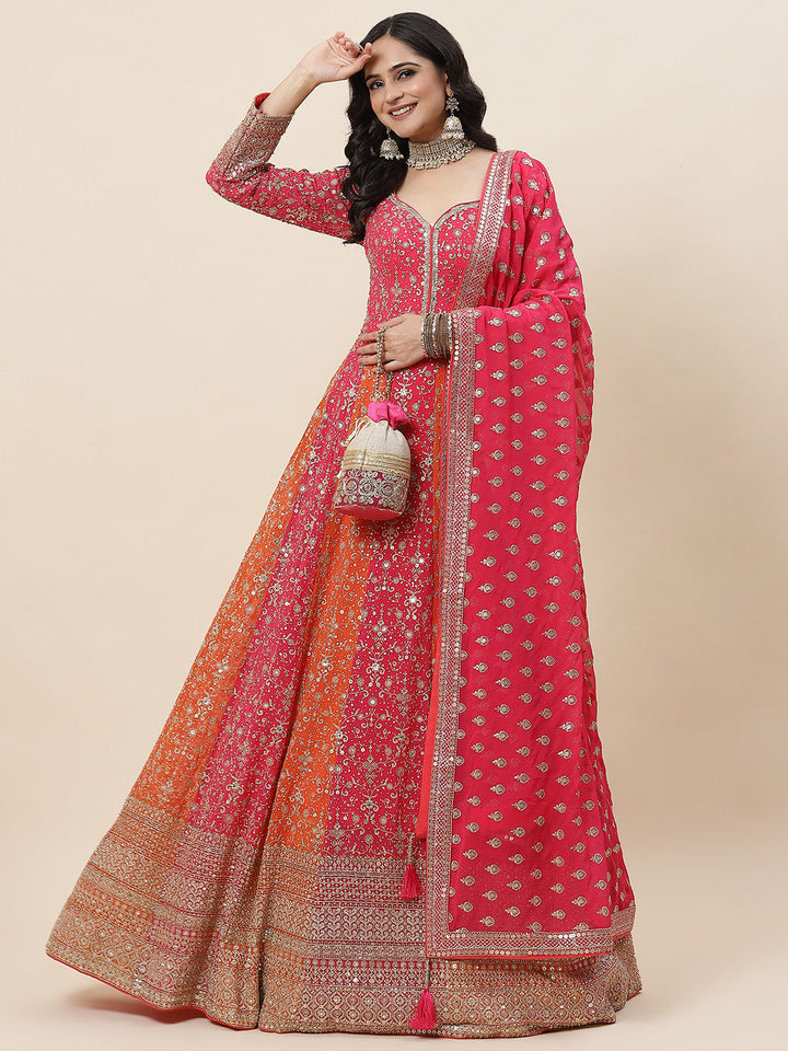 Sequin Embroidered Georgette Kurta With Pants &amp; Dupatta - meena bazaar