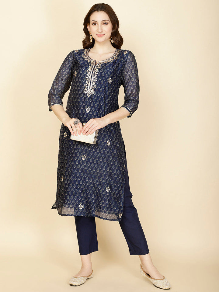 Floral Printed Chanderi Kurta With Pants