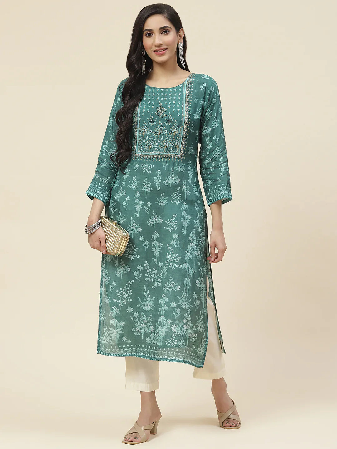 Printed With Yoke Embroidered Muslin Kurta