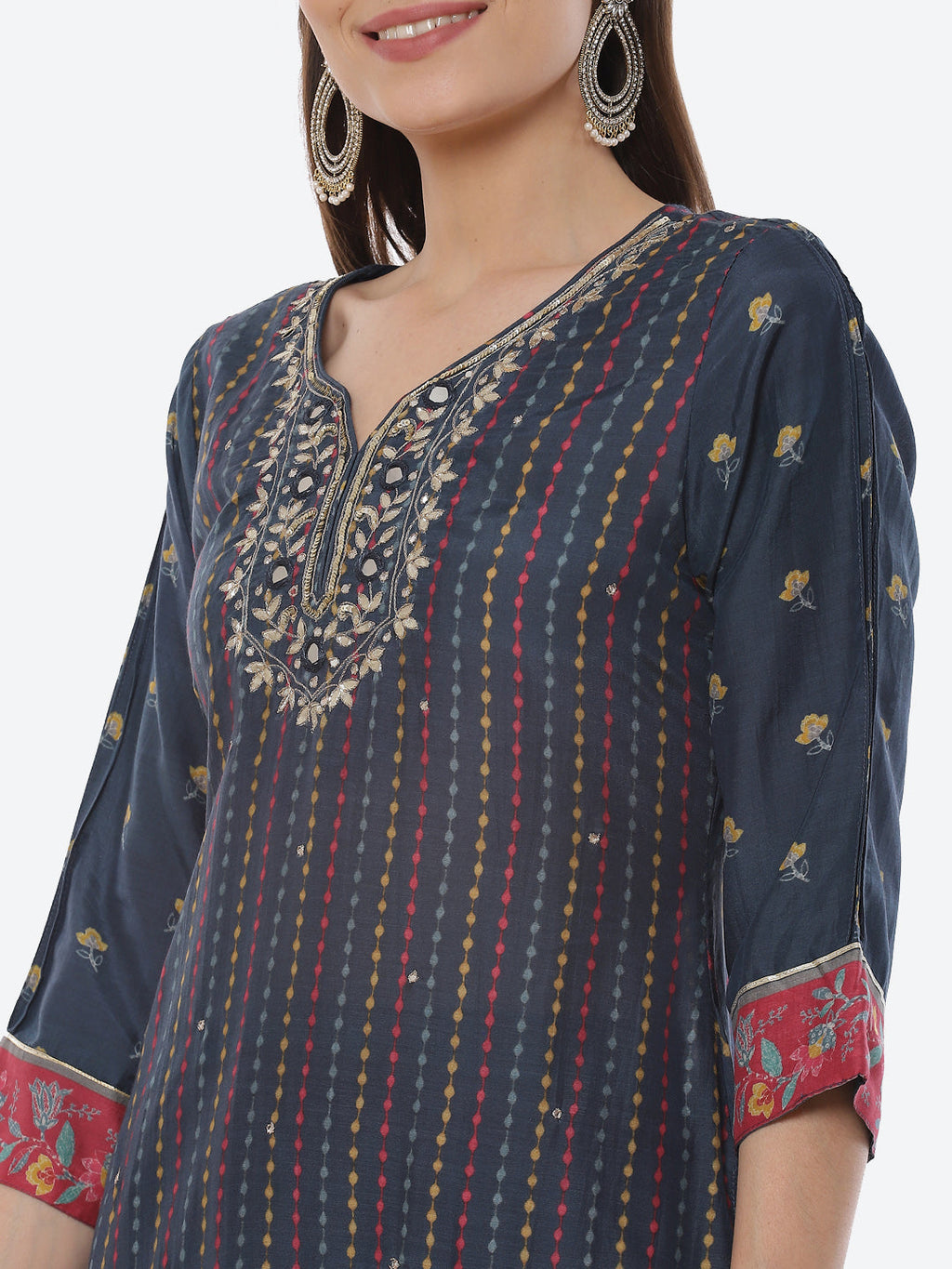 Mirror Work & Printed Muslin Kurta With Pant & Chiffon Dupatta