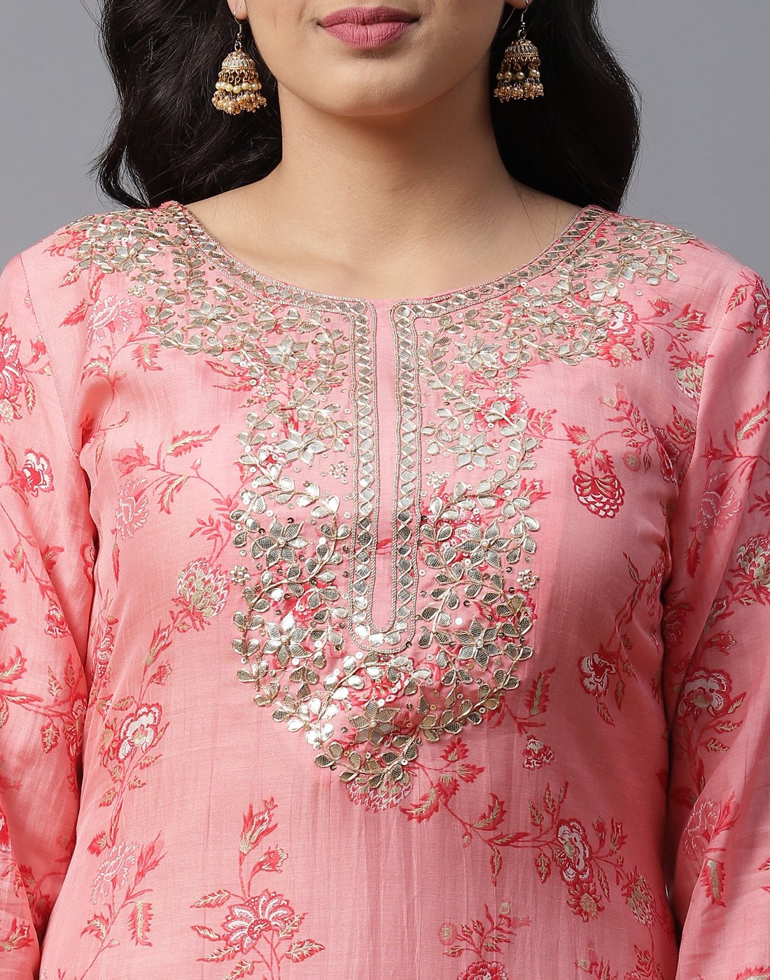 Printed Kurti Pant Set with Gota Yoke Embroidery