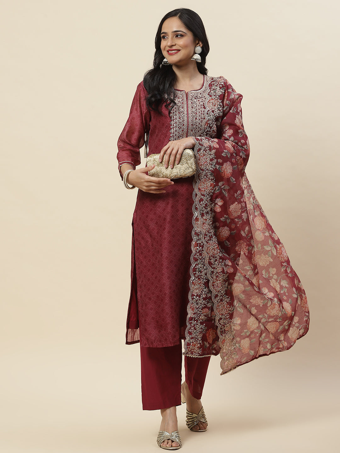Printed &amp; Neck Embroidered Chanderi Kurta With Pants &amp; Dupatta
