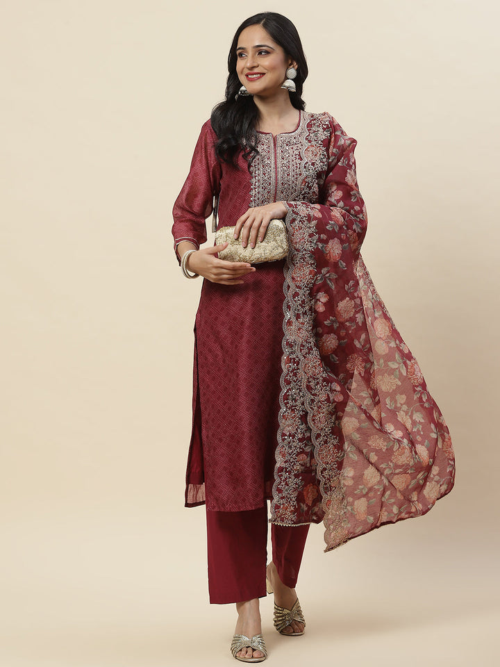 Printed &amp; Neck Embroidered Chanderi Kurta With Pants &amp; Dupatta