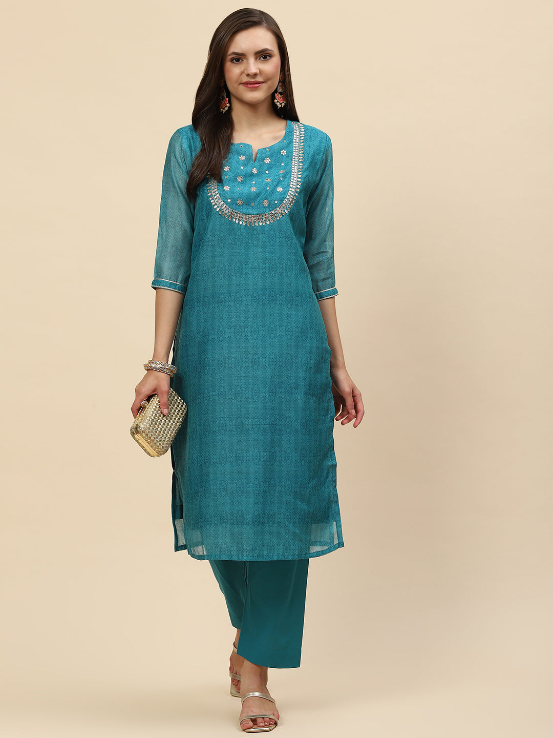 Gota Work &amp; Printed Chanderi Kurta With Pants