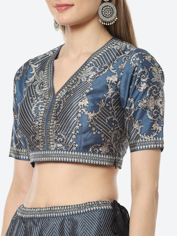 Digital Floral Printed Art Tussar Choli With Lehenga &amp; Net Dupatta