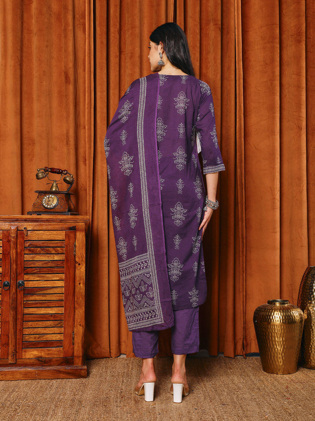 Printed Cotton Blend Kurta With Pants &amp; Dupatta
