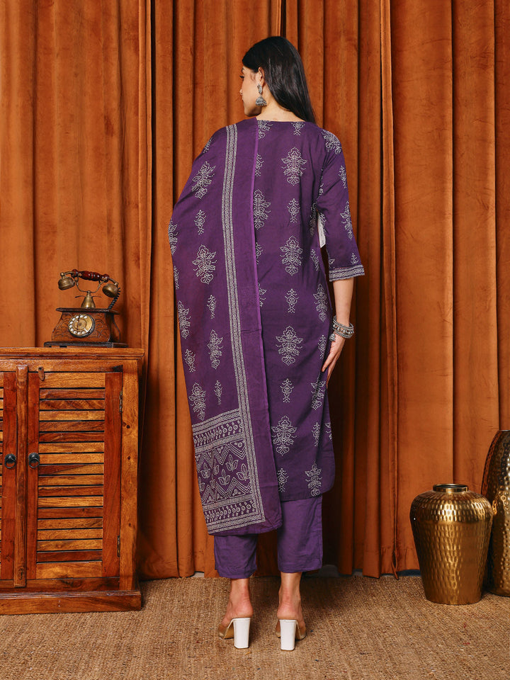 Printed Cotton Blend Kurta With Pants &amp; Dupatta