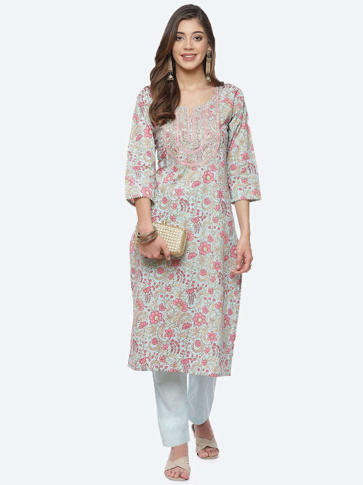 Zari Neck Embroidered Cotton Kurta With Pant