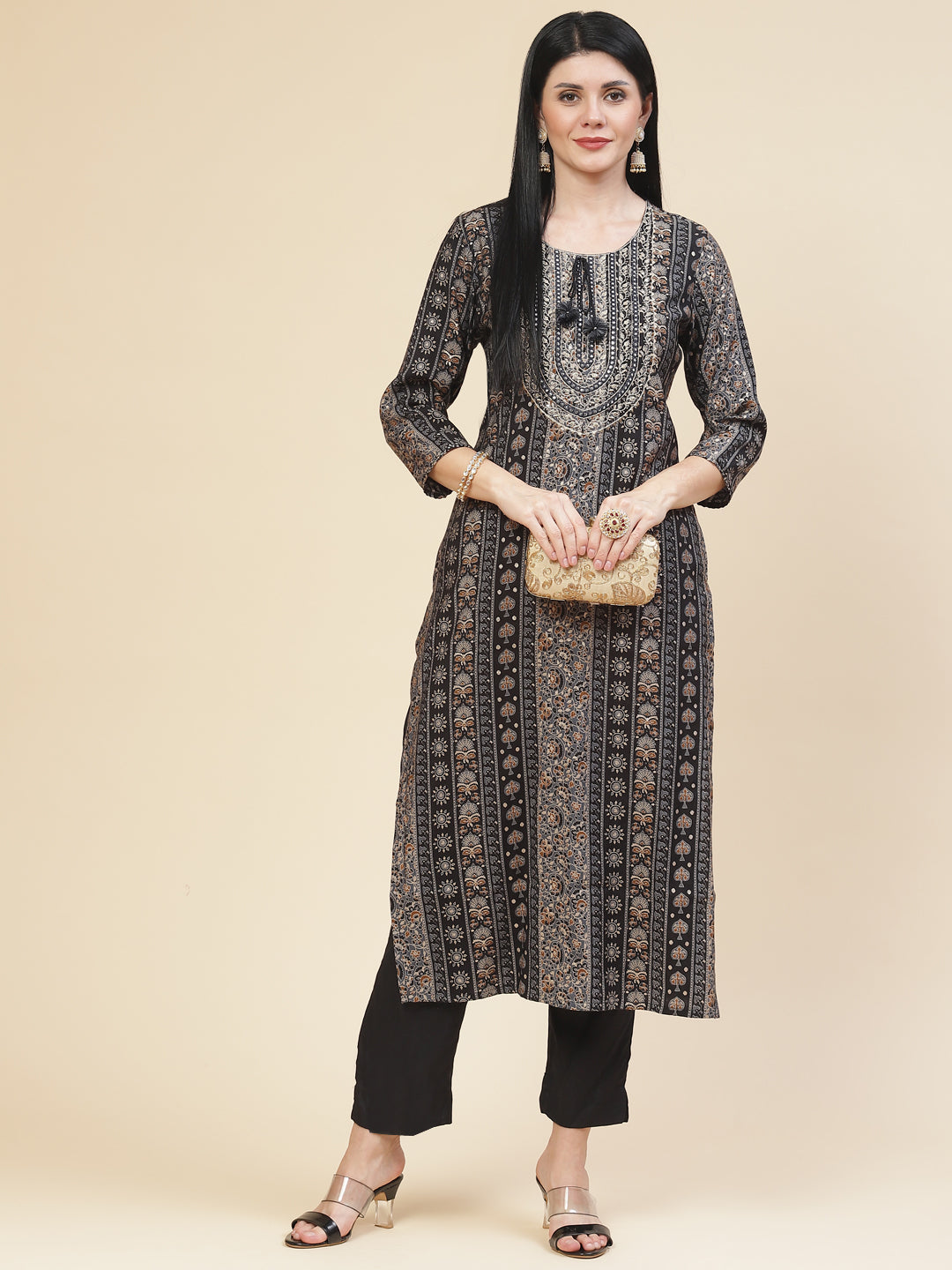 Neck Embroidered &amp; Printed Muslin Kurta With Pants