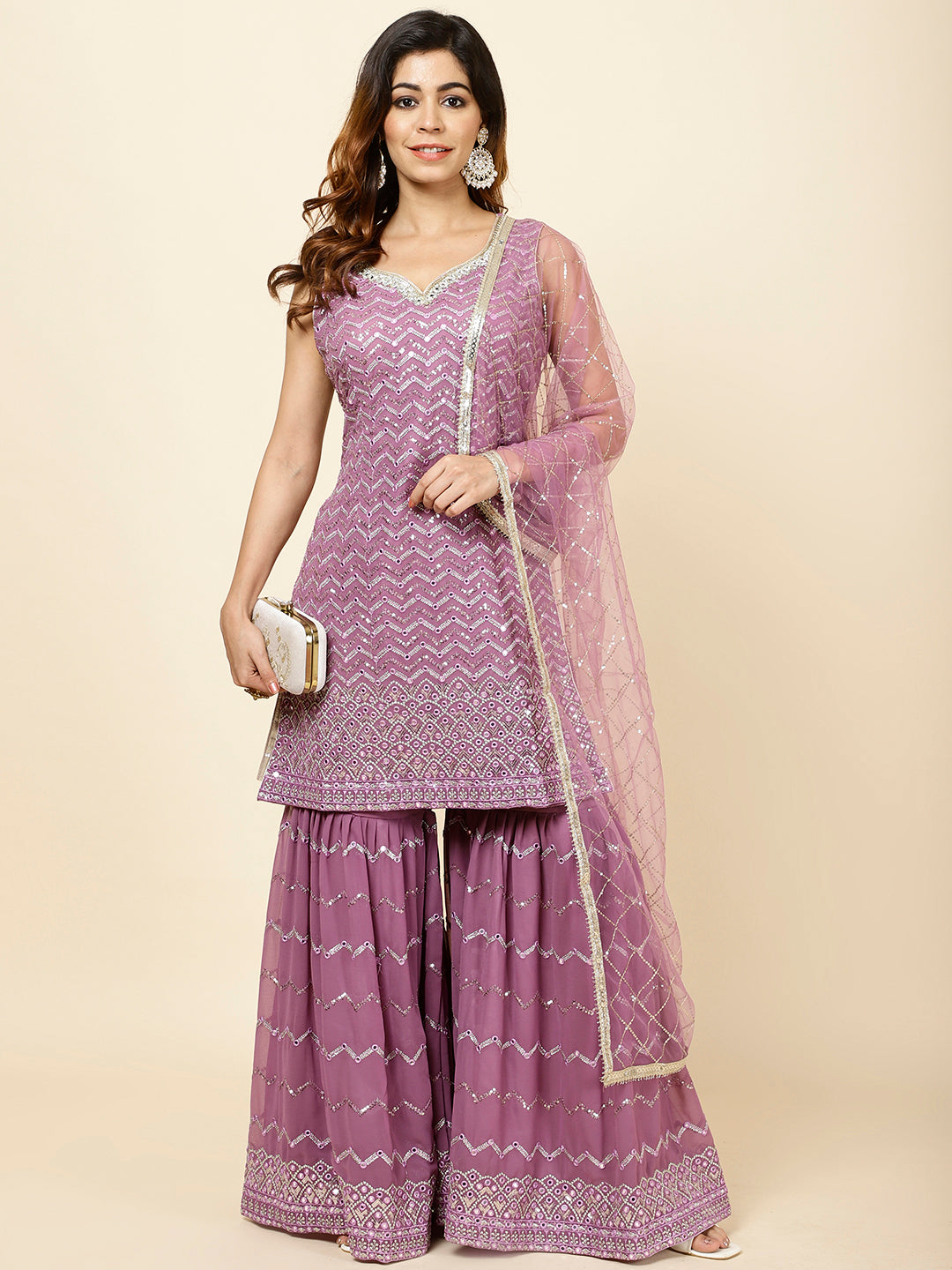 Embroidered Georgette Kurta With Garara &amp; Dupatta