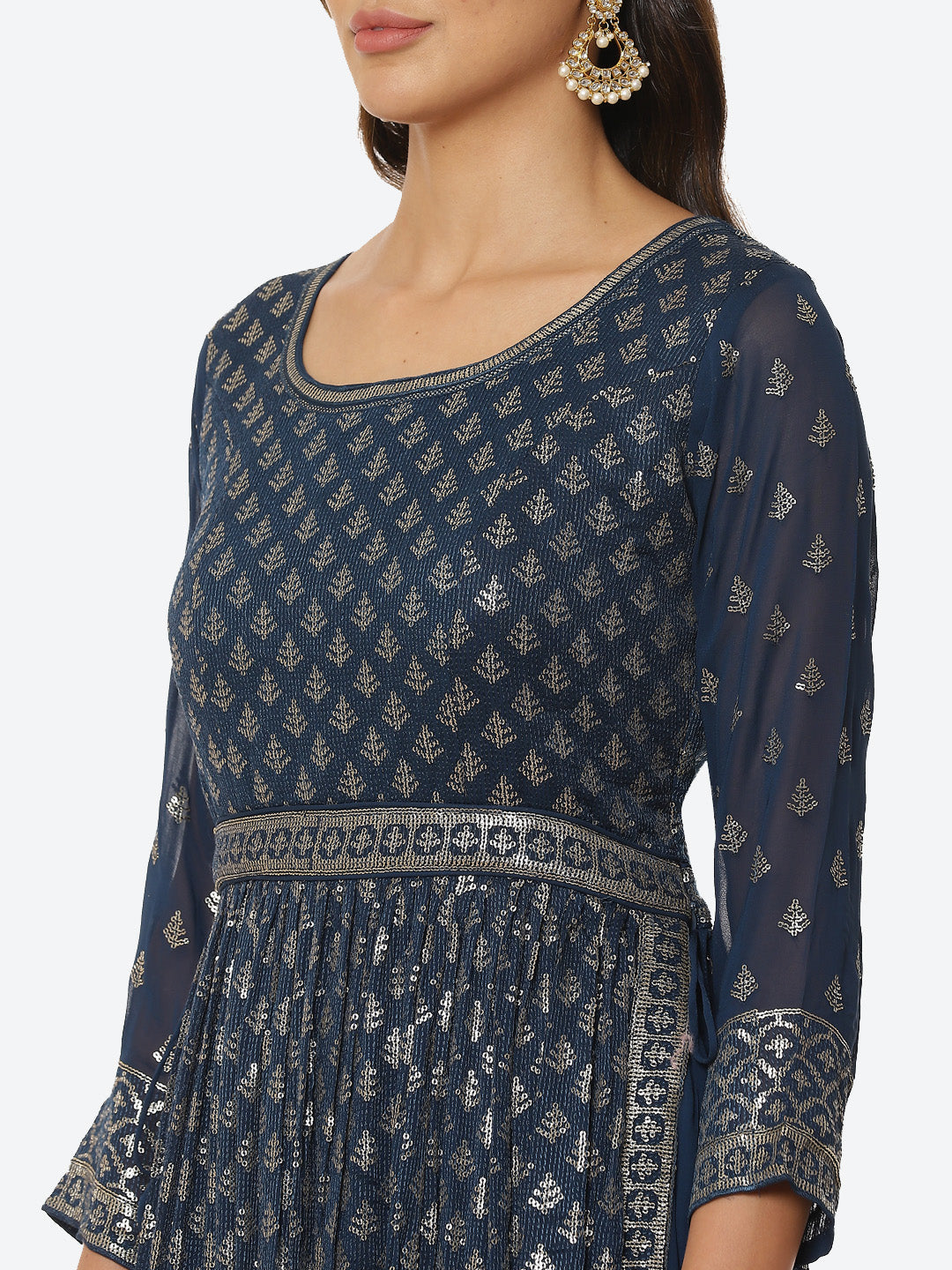 Resham Sequin Booti Georgette Kurta With Palazzo &amp; Dupatta