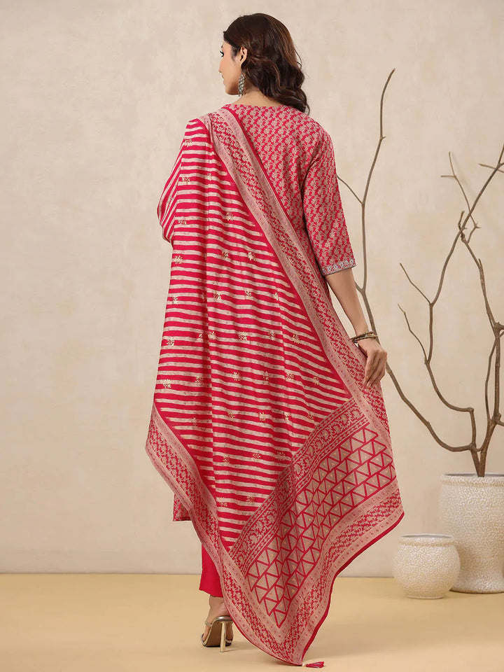 Neck Embroidered Muslin Kurta With Pants &amp; Dupatta