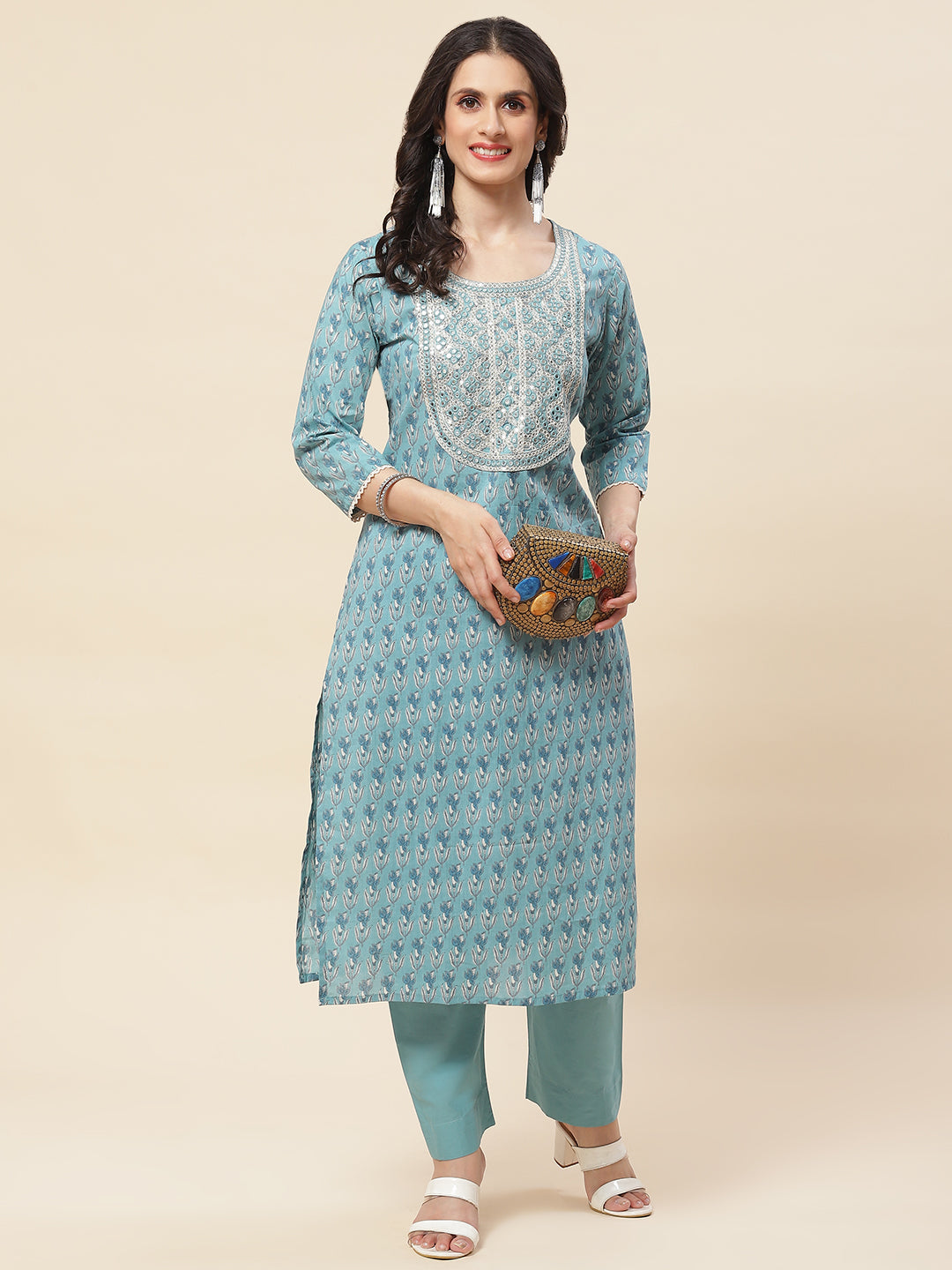Printed  &amp; Neck Embroidered Cotton Kurta With Pants