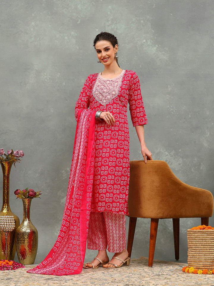 Printed Cotton Blend Kurta With Pants &amp; Dupatta
