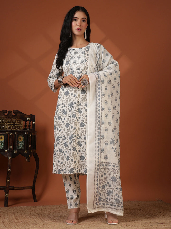 Printed Cotton Blend Kurta With Pant &amp; Dupatta