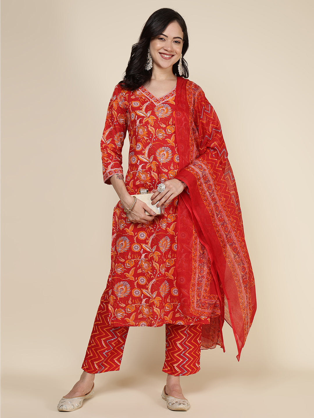 Printed Cotton Blend Kurta With Pants &amp; Dupatta