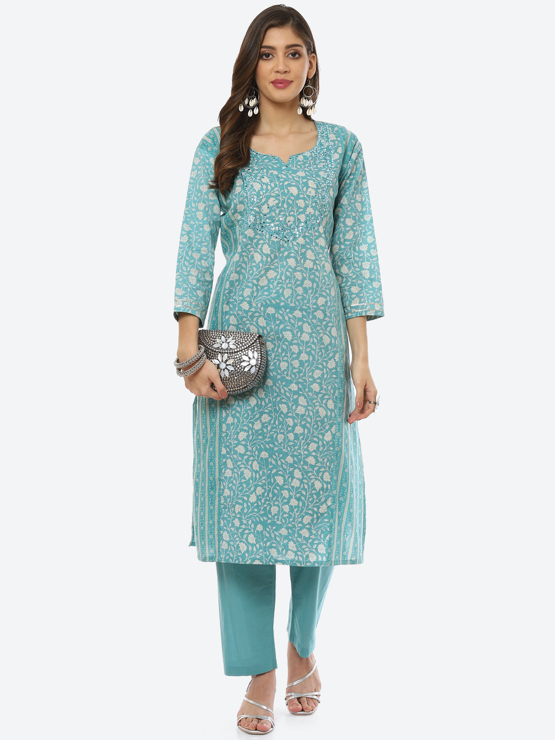 Mirror Work Printed Cotton Kurta With Pant