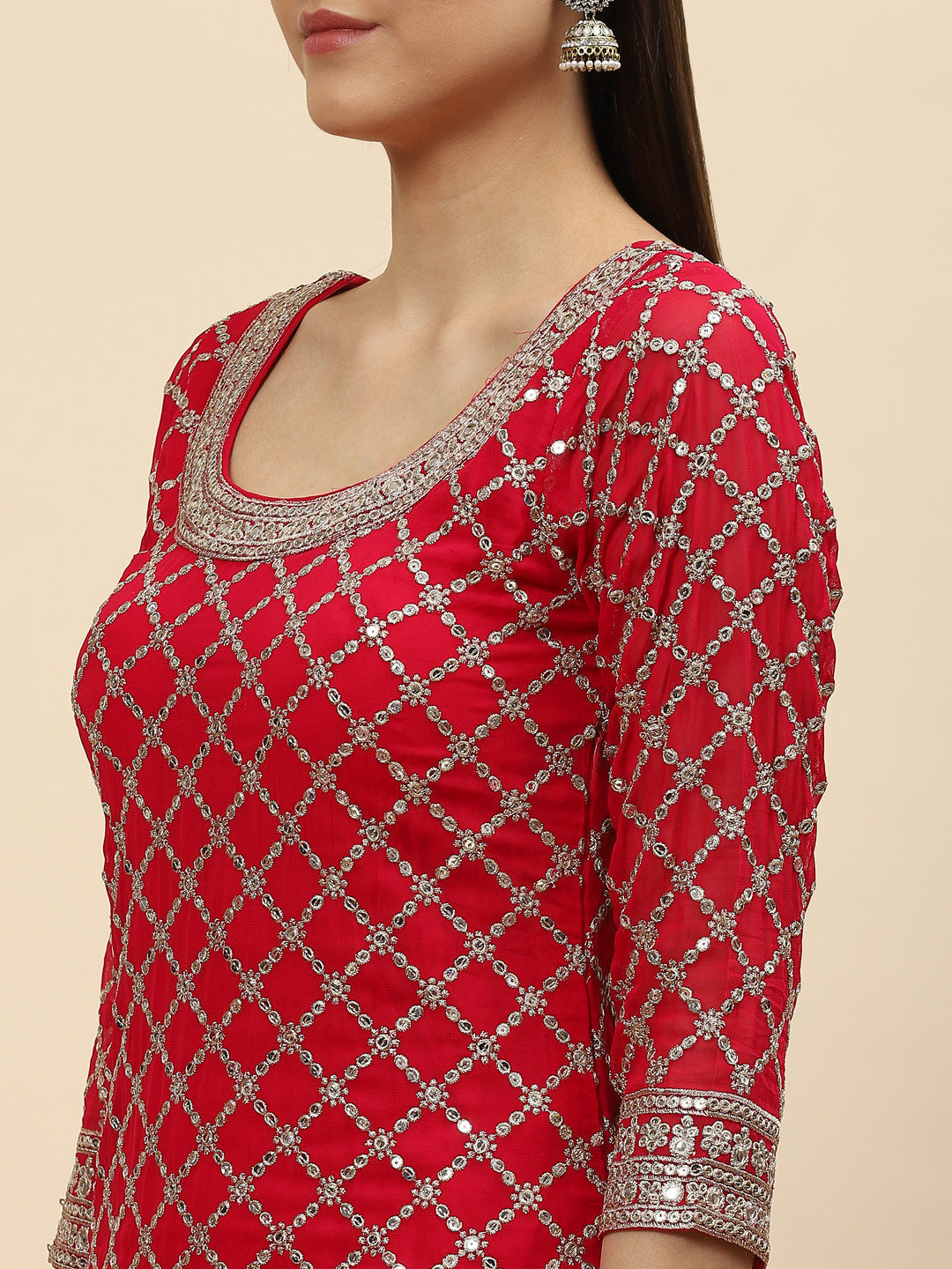 Zari Jaal Georgette Kurta With Palazzo & Dupatta