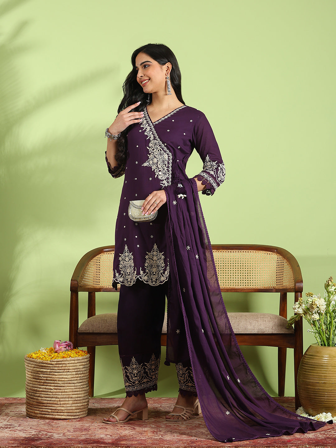 Embroidered Cotton Kurta With Pant &amp; Dupatta