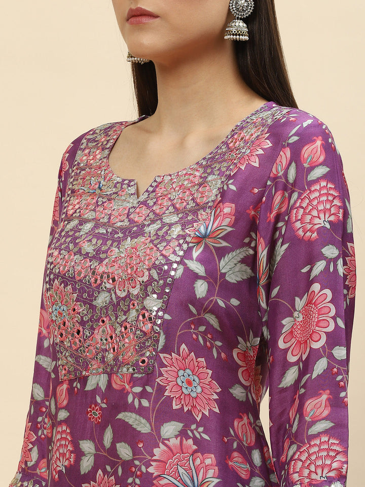 Floral Digital Printed Chanderi Kurta With Garara &amp; Dupatta