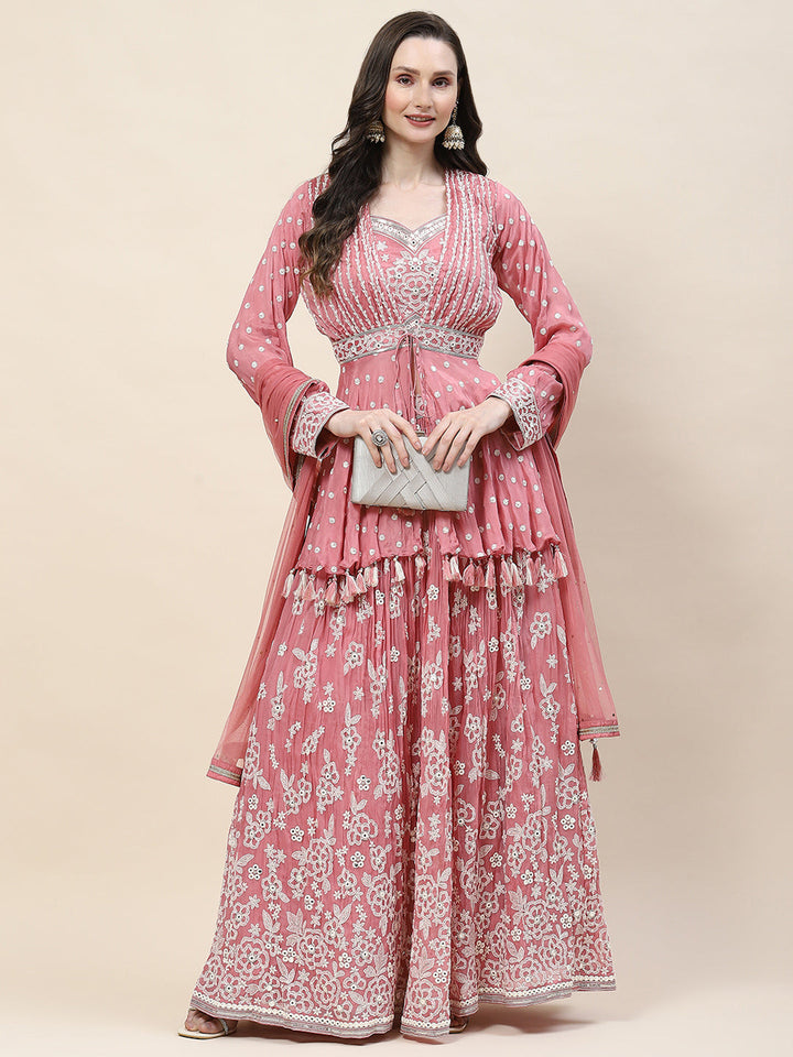 Resham Jaal Embroidery Crepe Choli  Jacket With Lehenga &amp; Dupatta