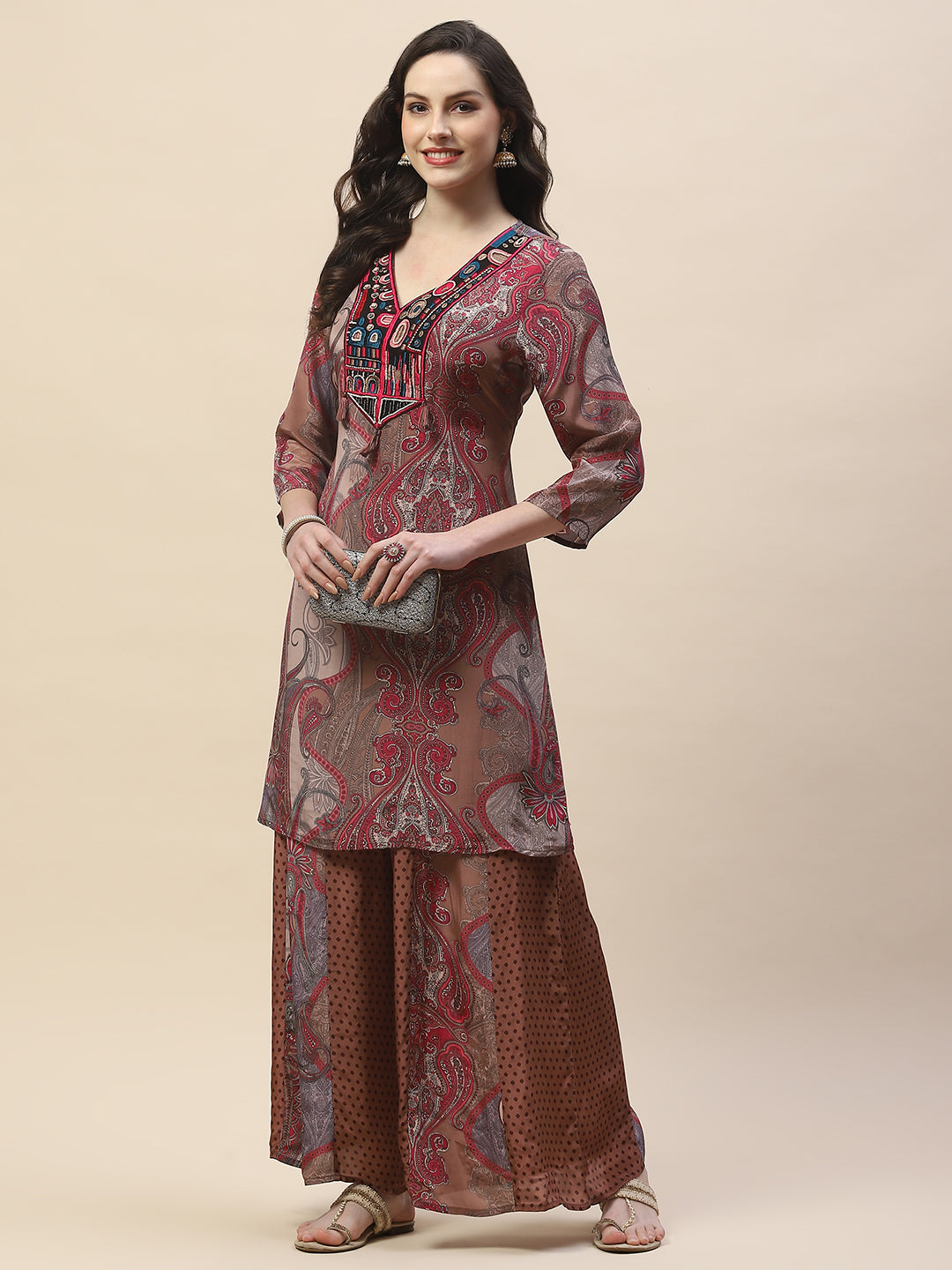 Neck Patti Crepe Kurta With Palazzo