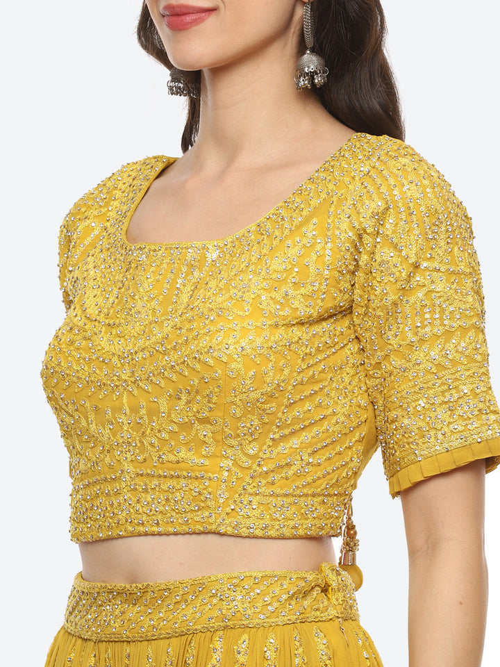 Resham Embroidered Georgette Choli With Lehenga &amp; Net Dupatta