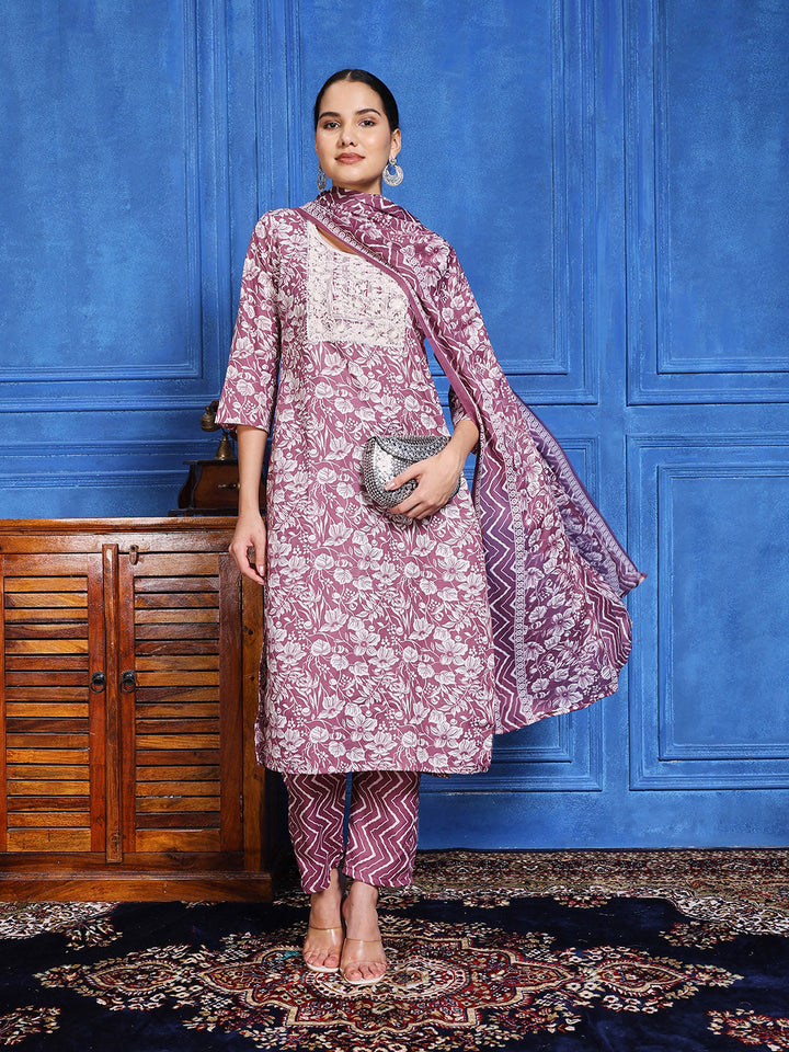 Printed Cotton Blend Kurta With Pants &amp; Dupatta