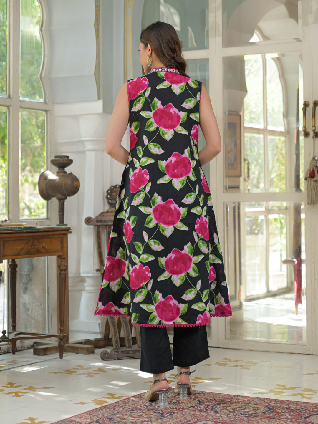 Black Cotton Blend Printed Straight Suit Set