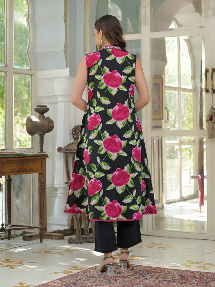 Black Cotton Blend Printed Straight Suit Set