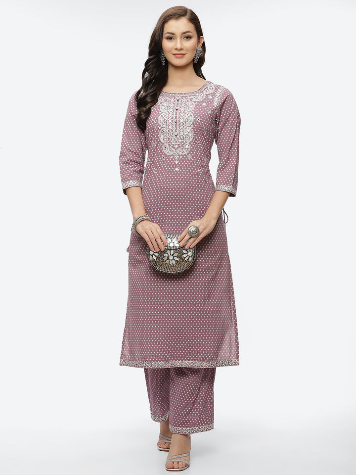 Mirror Neck Embroidered Cotton Kurta With Palazzo