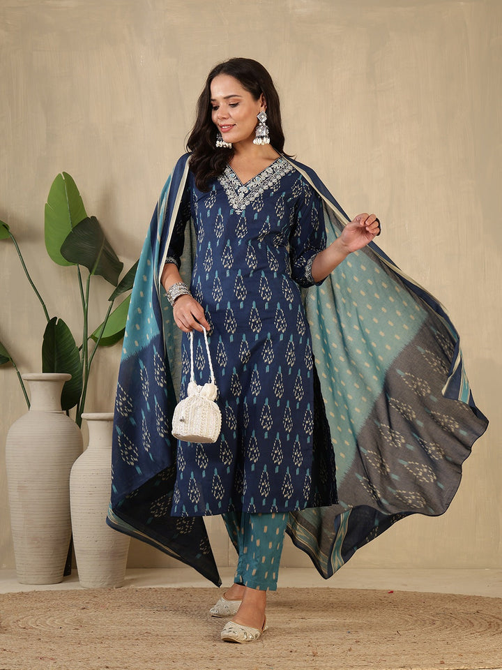 Printed Cotton Blend Suit With Pant &amp; Dupatta