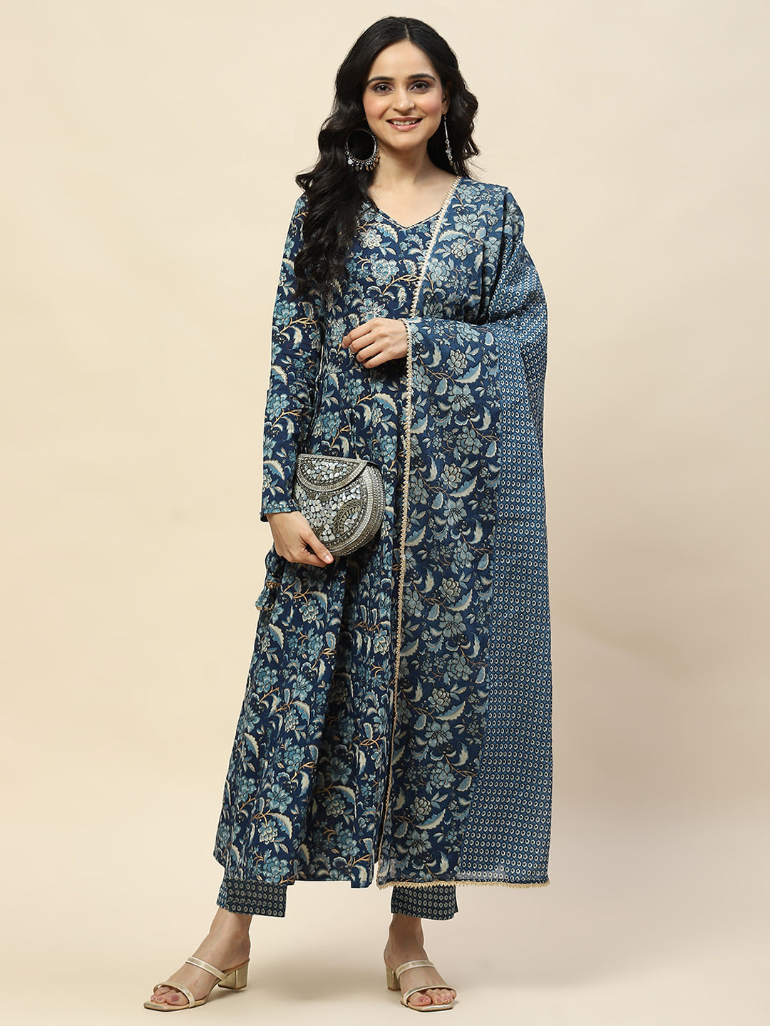 Neck Embroidery Cotton Kurta With Pants &amp; Dupatta