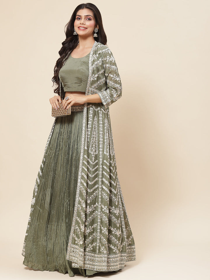 Resham Embroidered Crepe Choli With Lehenga &amp; Jacket