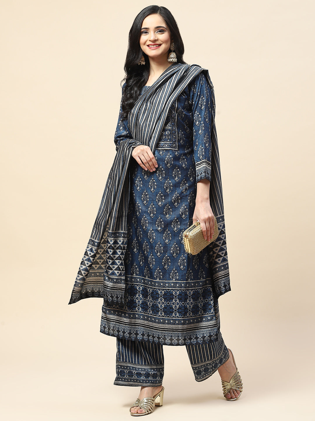 Printed Tussar Kurta with Pants &amp; Dupatta